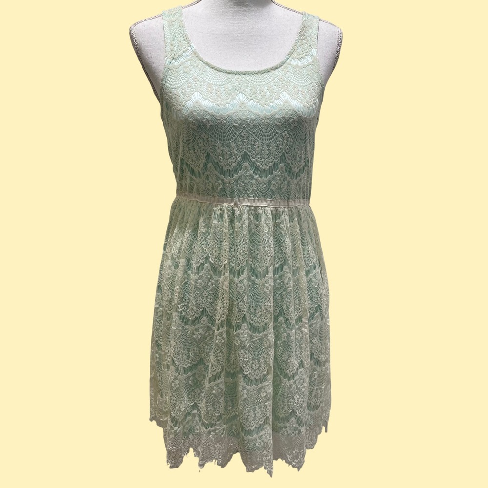 Altar d State Lace Fit Flare Dress Women Medium Mint Green Stretch Coquette